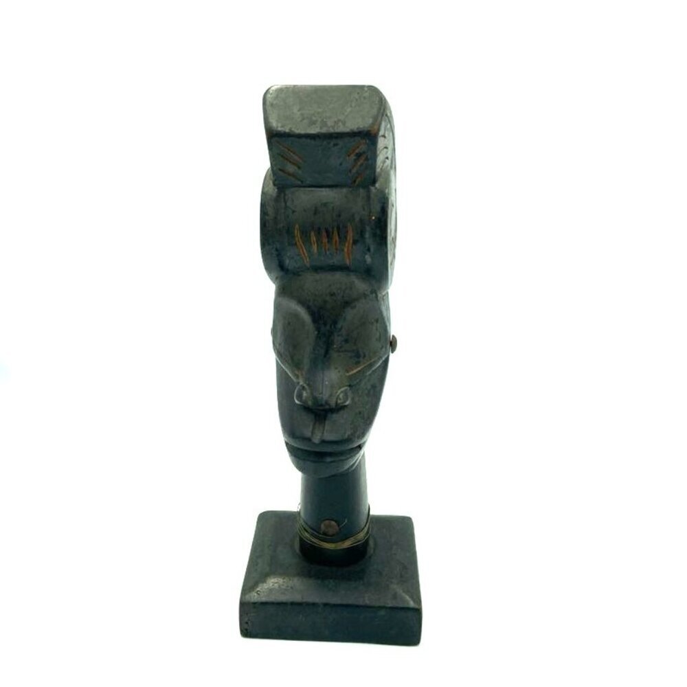 Vtg Hand Carved Solid Wood Africa Tribal Woman Head Statue Bust w/ Metal Accents
